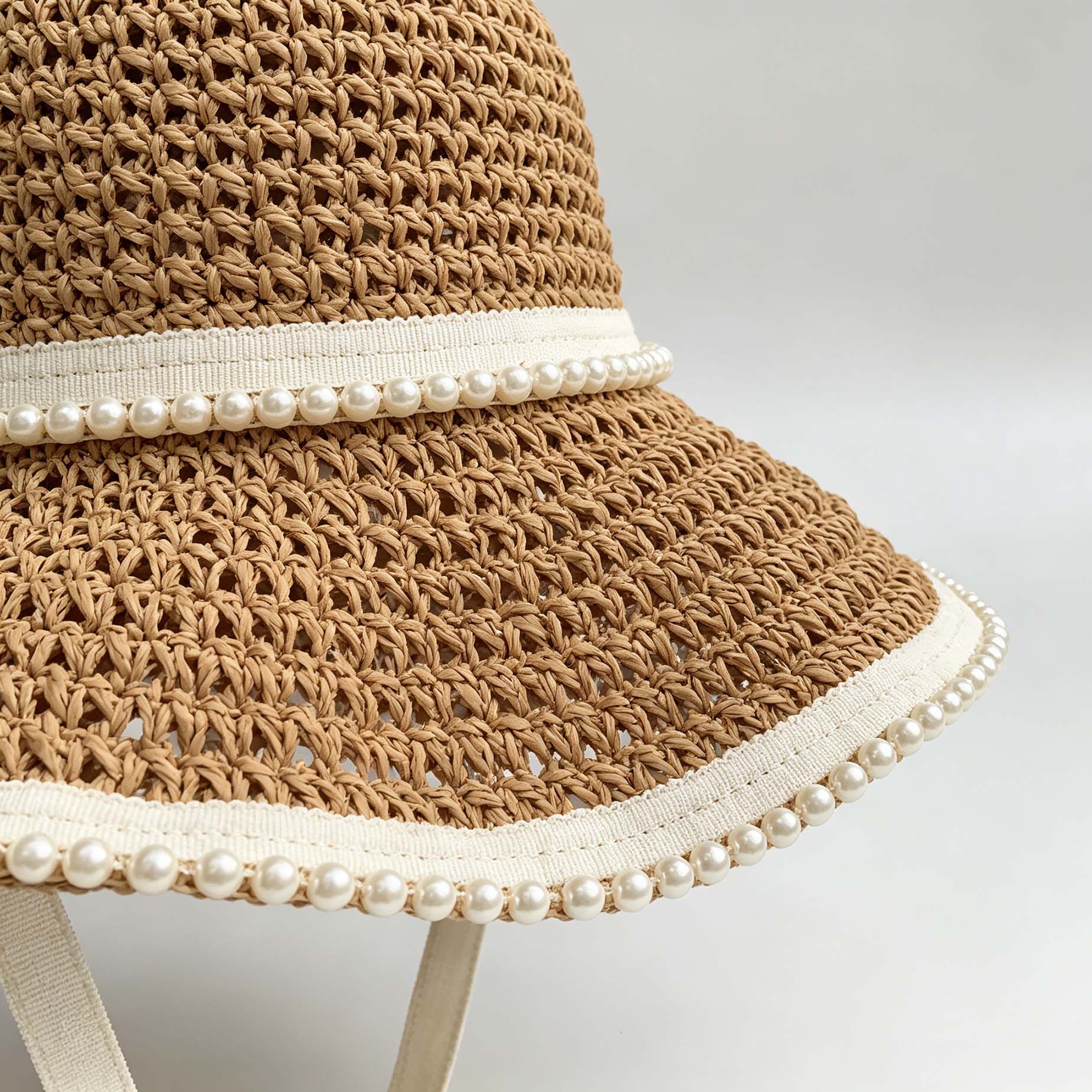 Pearl Trim Woven Bucket Sun Hat