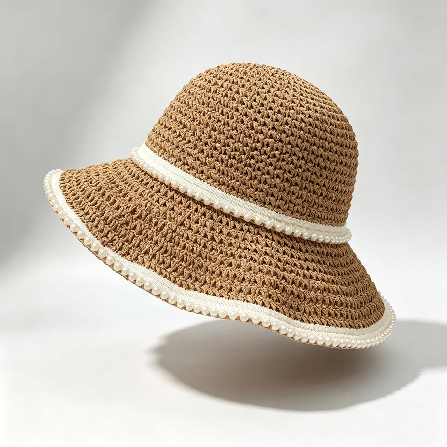 Pearl Trim Woven Bucket Sun Hat