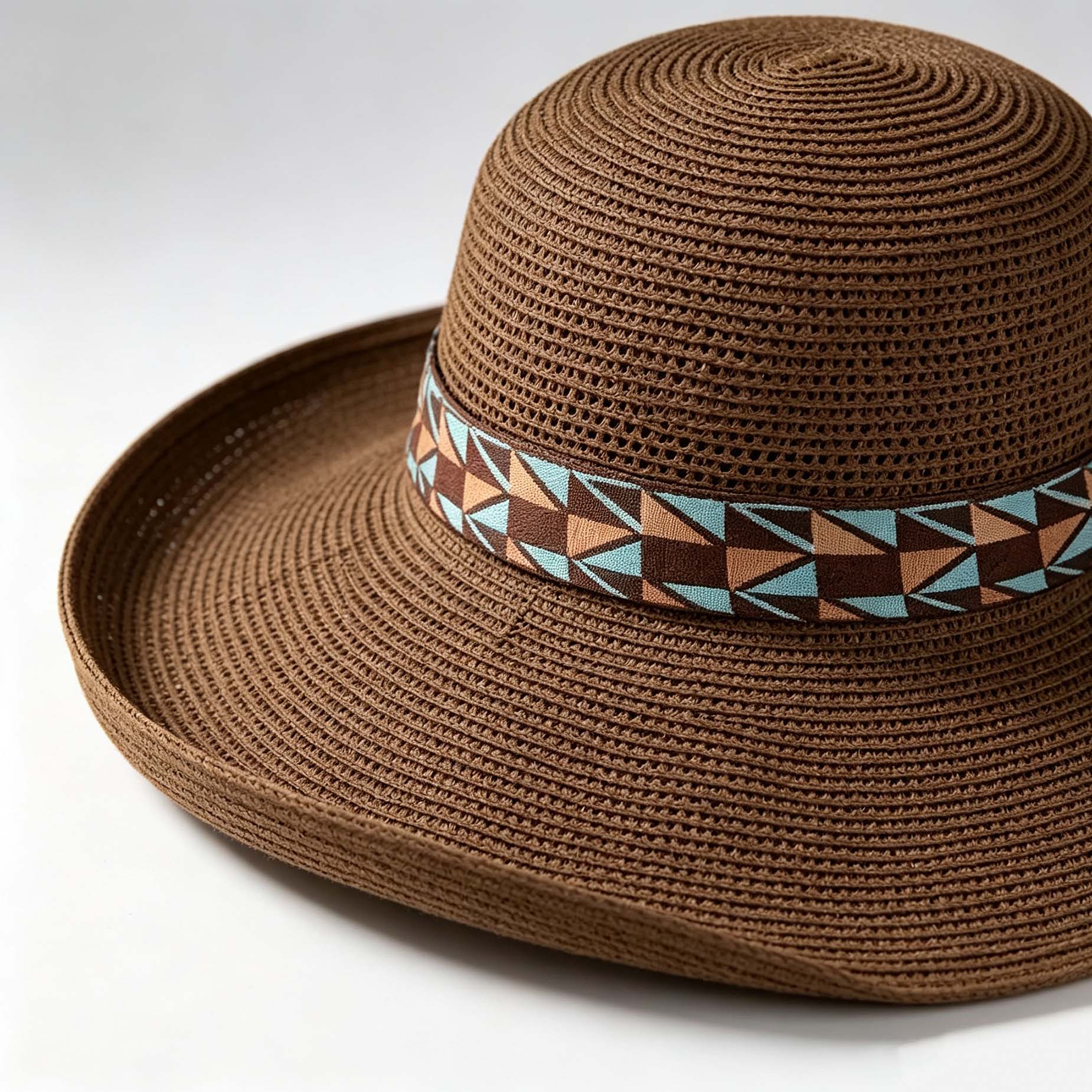 Geometric Ribbon Wide Brim Woven Sun Hat