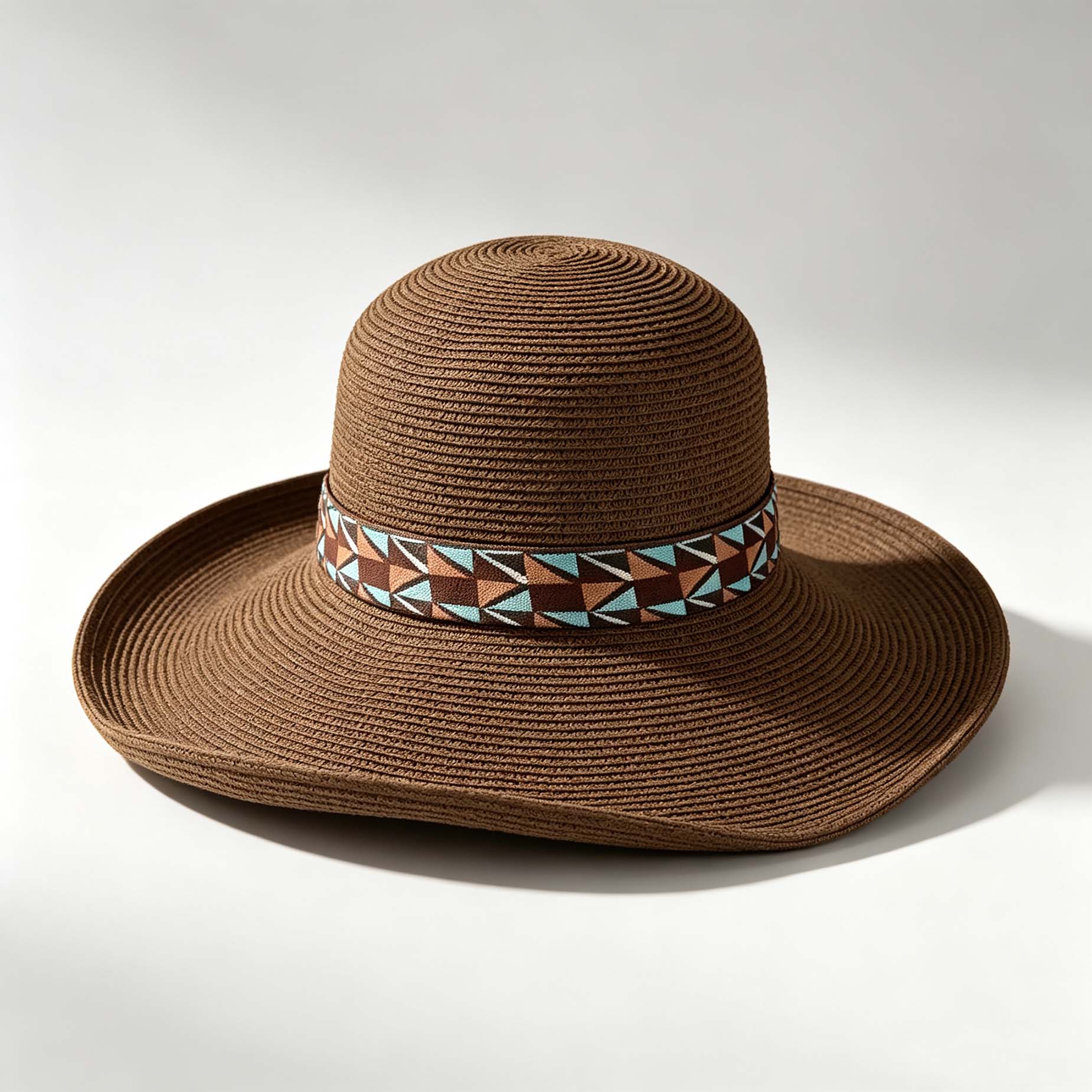Geometric Ribbon Wide Brim Woven Sun Hat