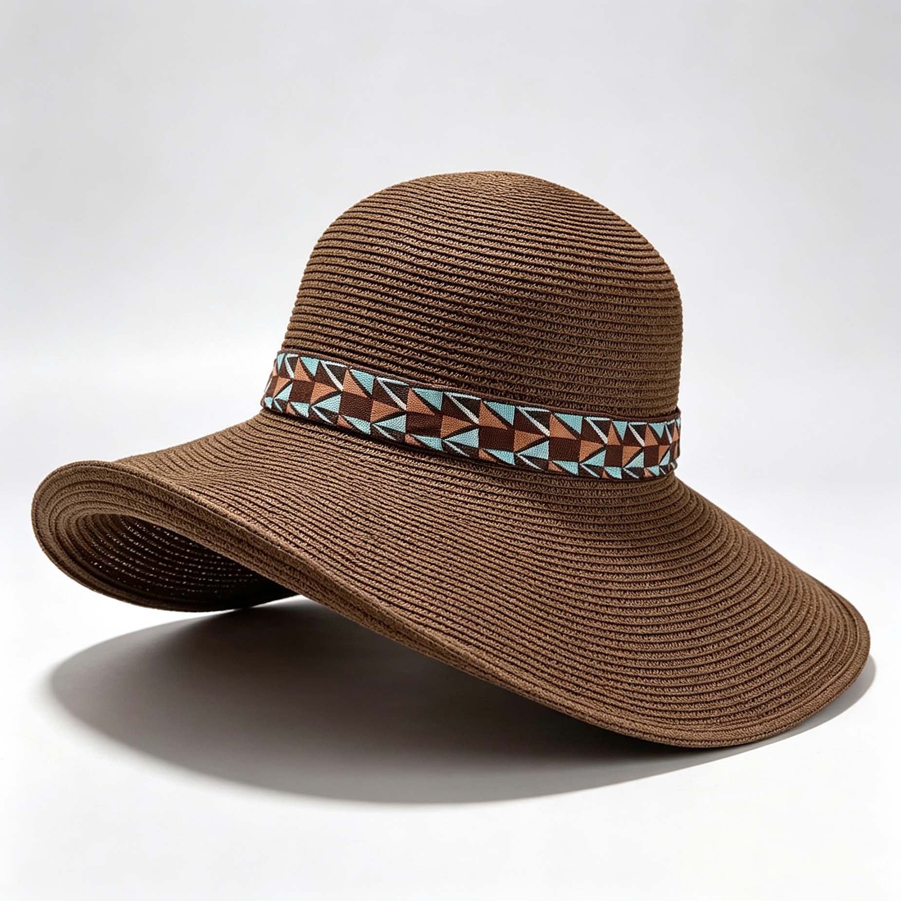 Geometric Ribbon Wide Brim Woven Sun Hat
